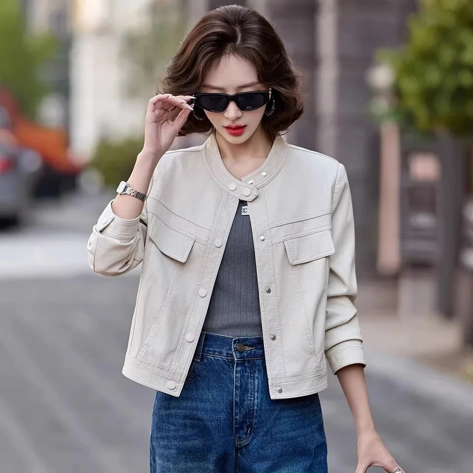 Fashionable Short PU Leather Jacket Women's Loose Slimming Biker Style Spring Autumn New Arrival Korean Version Casual Coat