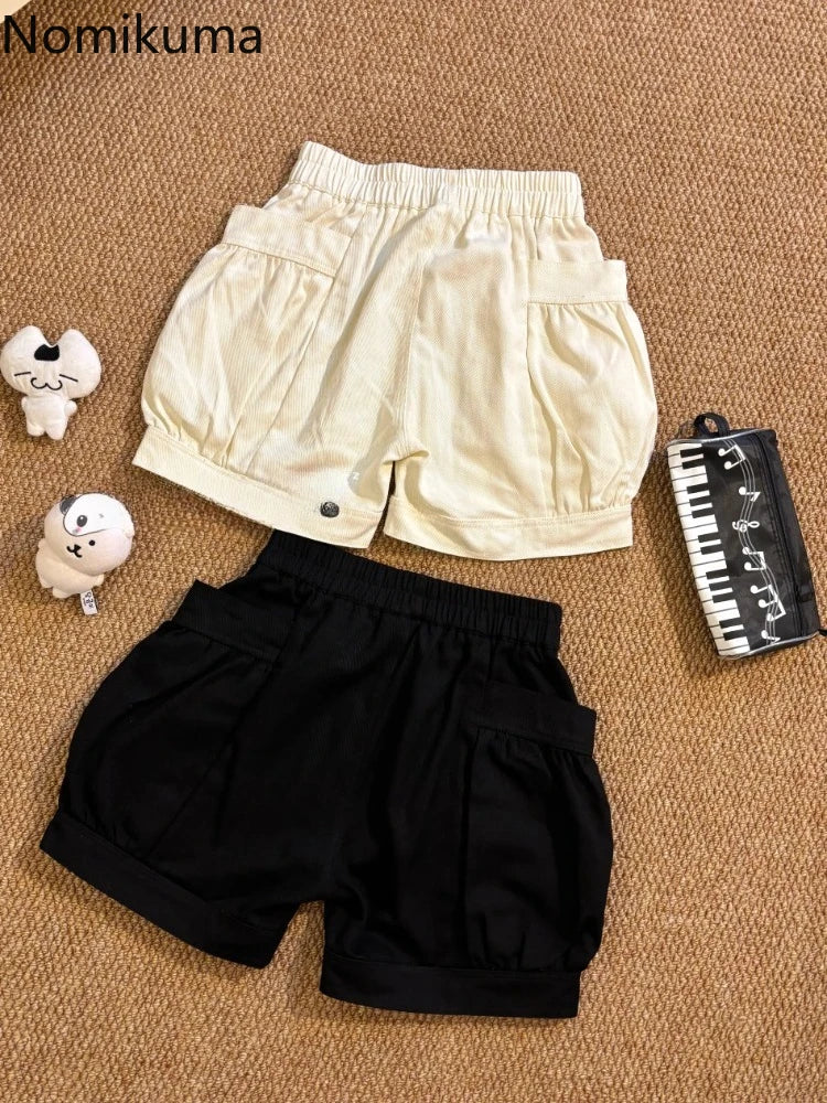 Cute Japanese Shorts for Women Cartoon Embroidery Pockets Black Shorts 2025 New Tottoms Casual Chic Pantalones Cortos De Mujer