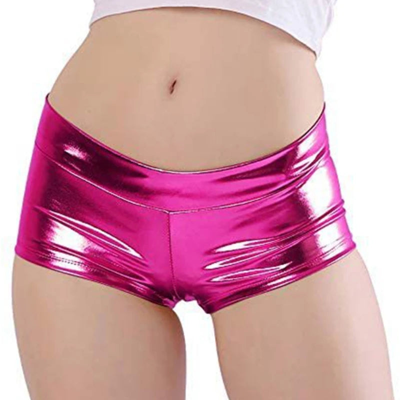 Women's Shining Metallic Booty Shorts Low Waist Dance Bottoms Faux Leather Hot Pants Dance Festival Costumes
