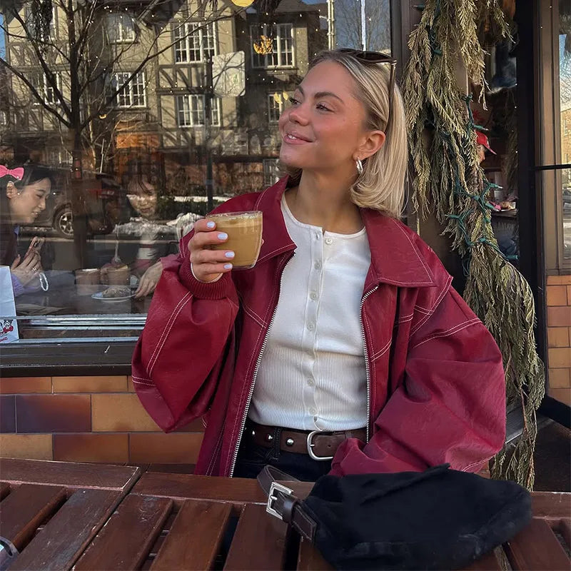 Women Stand Collar Leather Pilot Jacket Red Zipper Cropped Coat Fashion Casual Fashion Outerwear 2026 New Arrival Streetwear