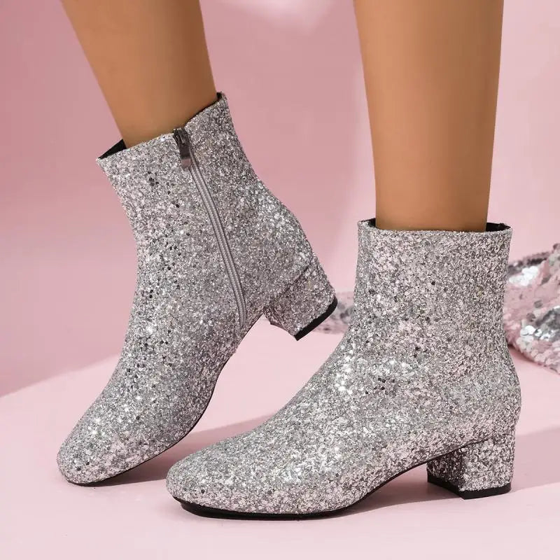 Luxury Sequin Fabric Ankle Boots Women 2026 Autumn Designer Square Toe Side Zip Short Boots Sexy Shiny Medium Heel Party Shoes