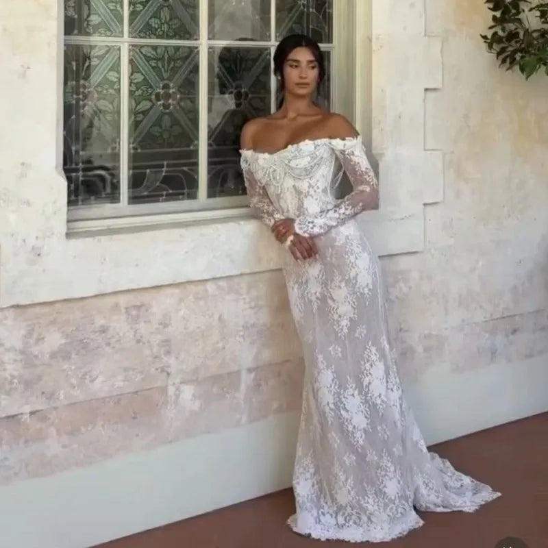 Fashion Lace Pearl Mermaid Wedding Dress Long Sleeve Elegant Off The Shoulder Boho Sexy Bridal Dresses