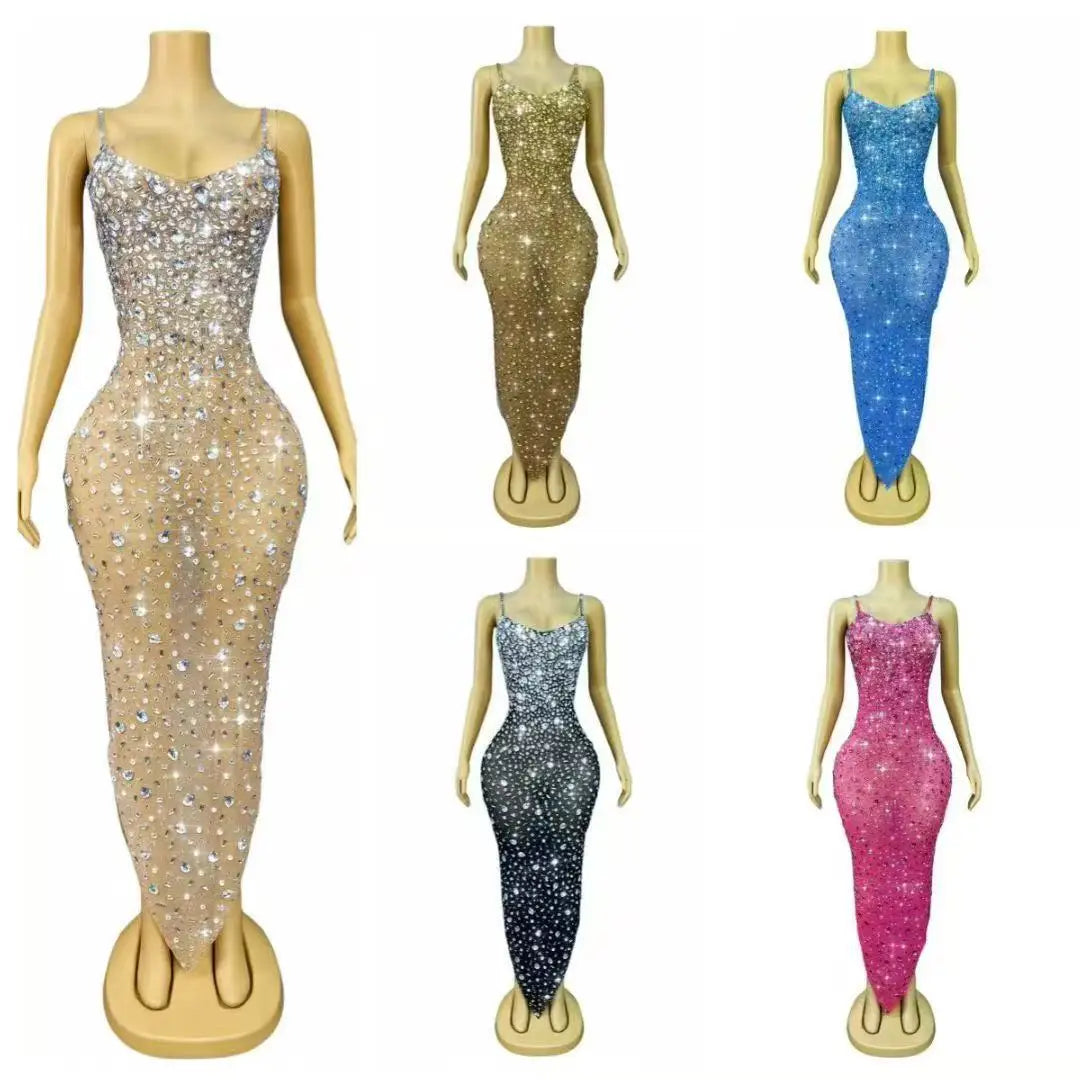 Women Birthday Evening Cocktail party Gown Red Carpet Club Stage Outfit Luxury Rhinestones Sexy Mesh See Through Bodycon Dress