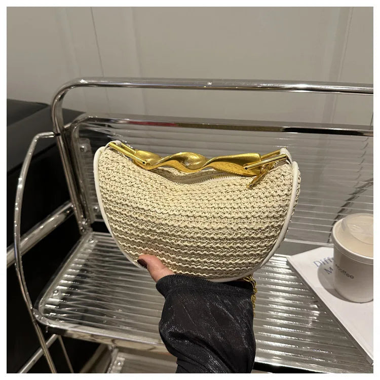 Luxury Metal Handle Clutch Bag Women Exquisite Handmade Rattan Woven crossbody Bag Half-moon Beach Bags Roomy Straw Tote Bag