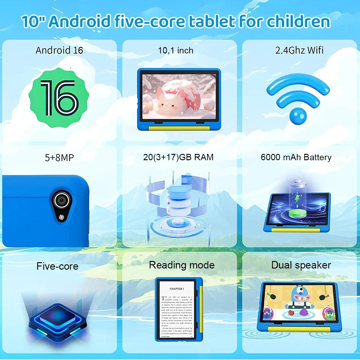 Newest Kid Tablet Android16 Tablet for Kids 10 inch 20GB+64GB 6000mAh with Case 1TB Expand for Toddler Children Parental Control