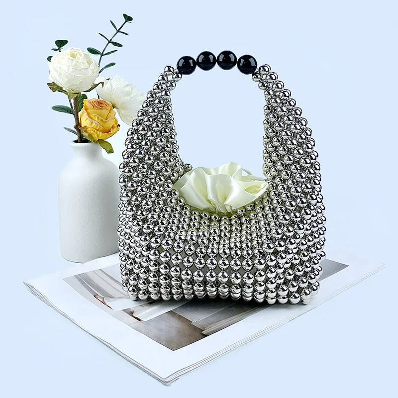 European and American high-end texture handmade silver beaded pillow bag, banquet bag, fashionable and versatile