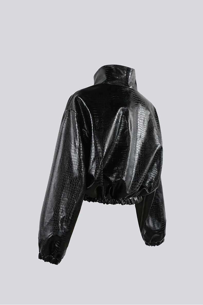Mauroicardi Spring Autumn Short Black Brown Crocodile Print Faux Leather Jacket Women Stand Collar Button Up Luxury Clothes 2025