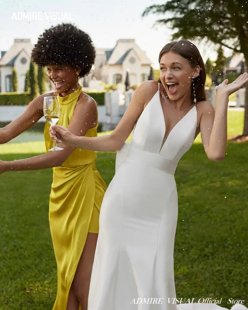 Newest Wedding Dress Mermaid  Satin For Bride  Deep V-Neck Neckline With Big Bow Sleeveless Custom Made Vestidos De Novias