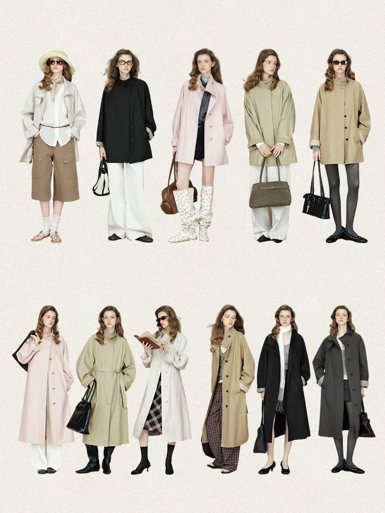 FSLE 2026 Womens British Trench Coat Contrast Cuff Stand Collar Heritage Workwear Style Pink Black Khaki Short Long Trench Coat