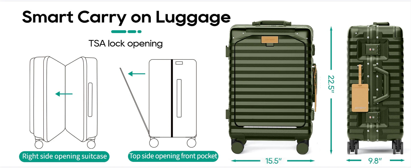 Joyway 20 inch Aluminium Carry on Luggage Suitcase with Front Pocket, USB Port, Cup Holder, TSA Lock and Spinner Wheels