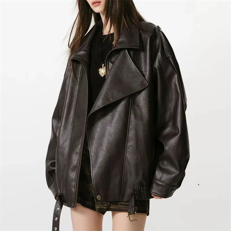 Winter Ladies High End Faux Leather Outwear American Femme Long Sleeves PU Leather Jacket Autumn Women Fashion Casual Loose Coat