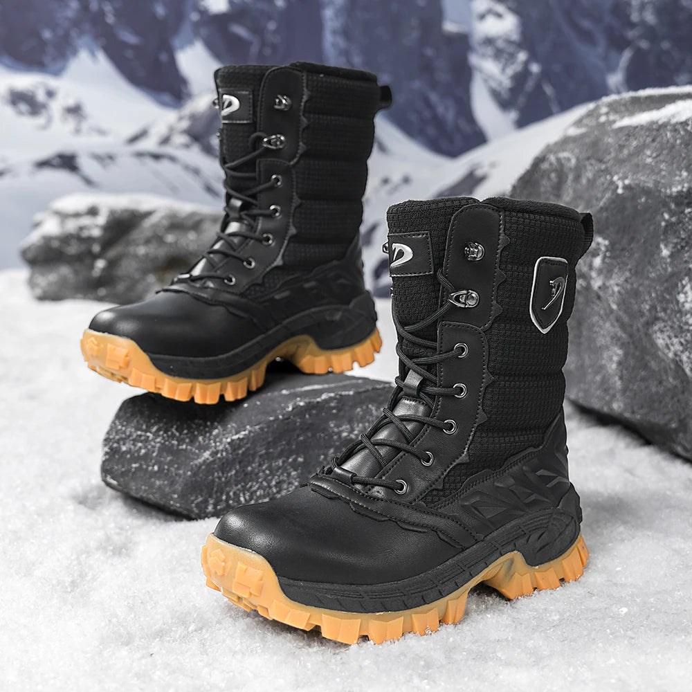 Men's Winter Snow Boots Waterproof Insulated Hiking Boots High-Top Outdoor Shoes with Warm Knit Collar, Anti-Slip Rubber Sole, C