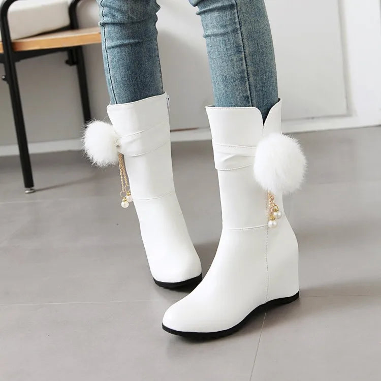 Women Snow Boots Autumn Winter Keep Warm Fur Wedges Increasing Faux Suede Round Toe White Princess Boots New 2026