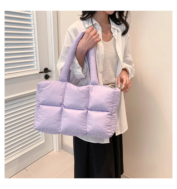 Women Tote Handbags Quilted Plaid Bag Retro Trendy Checkered Waterproof Shoulder Bag Solid Color Winter Soft Large Capacity Bags