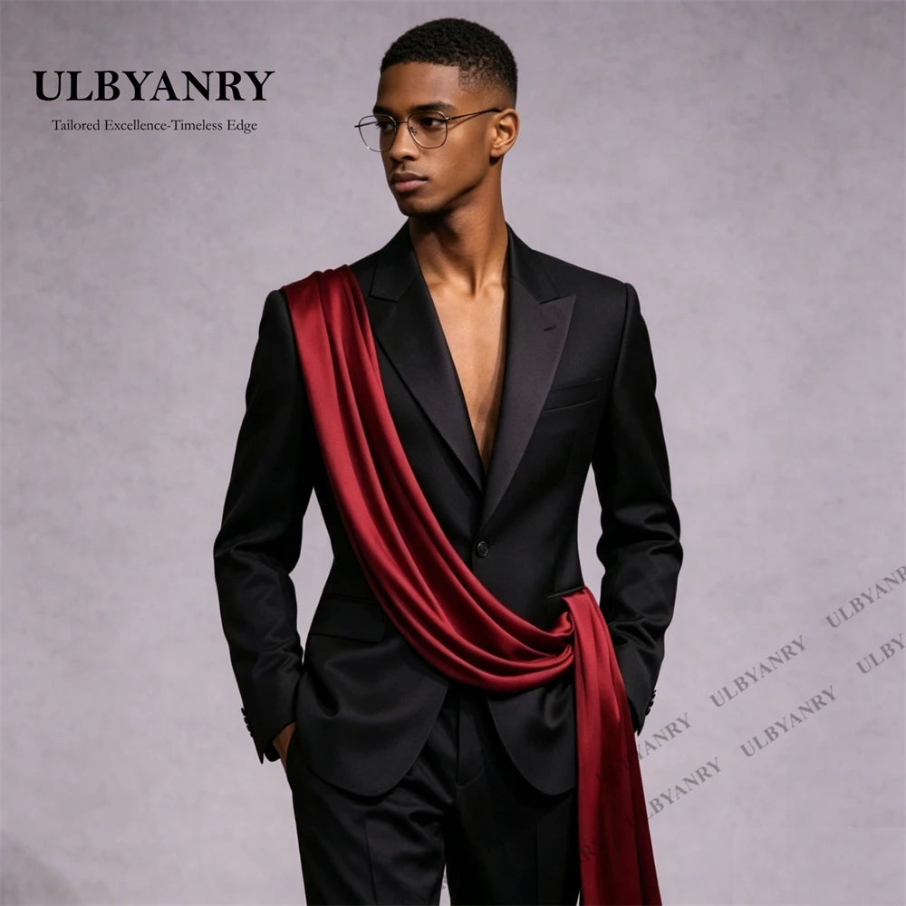 ULBYANRY Customized Satin Ribbon  Men's Black Suit Set, Jacket Pants Formal Events Suit, XXS-7XL Plus Size Tall Big Man Suits