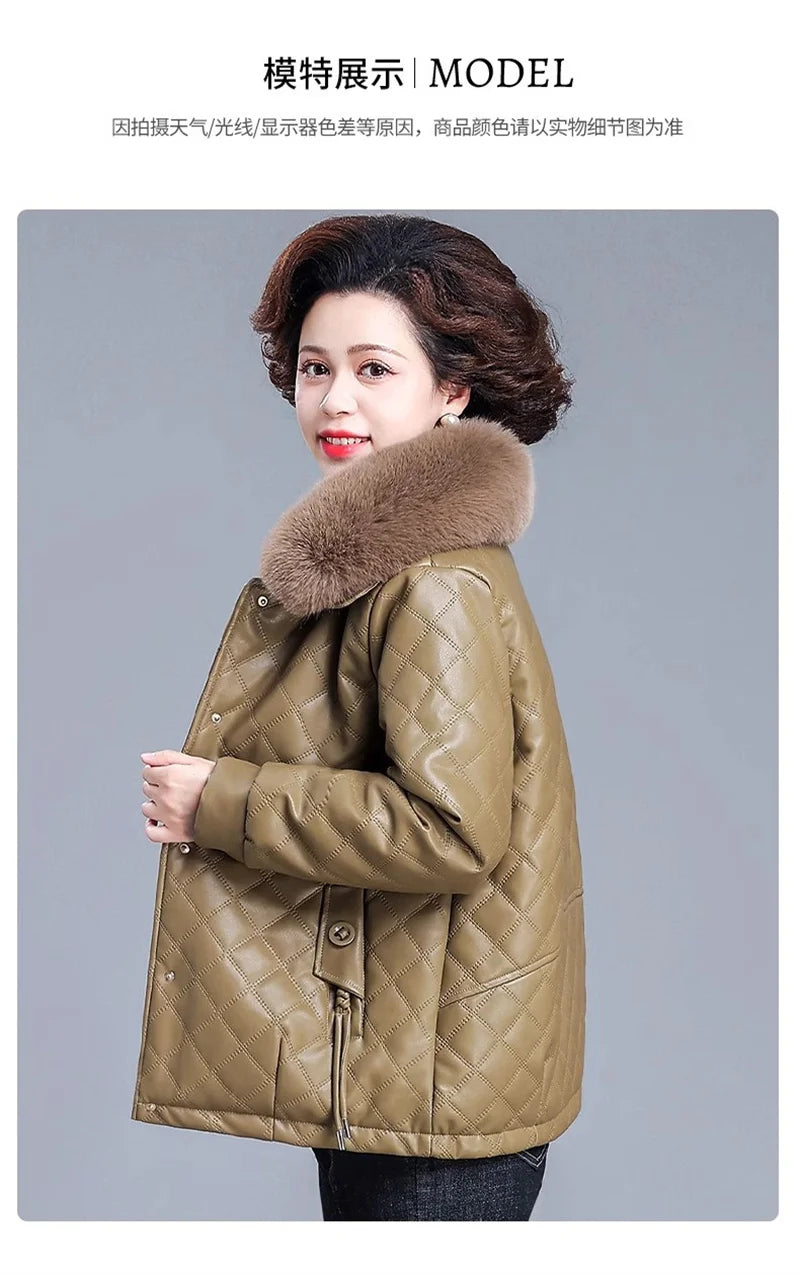 High End Middle Aged Women's Leather Jacket Winter New Thicken Warm Big Fur Collar Faux PU Leather Coat Female Outerwear 5XL