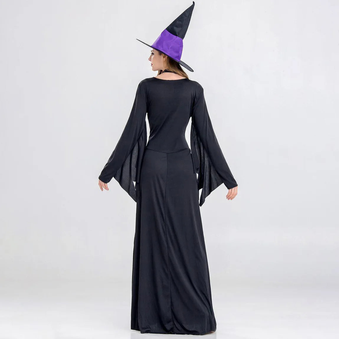 Womens Halloween Witch Costume Purple Black Long Dress Gothic Sorceress Gown Bell Sleeve Lace Up Cosplay Parties  Fancy Outfits
