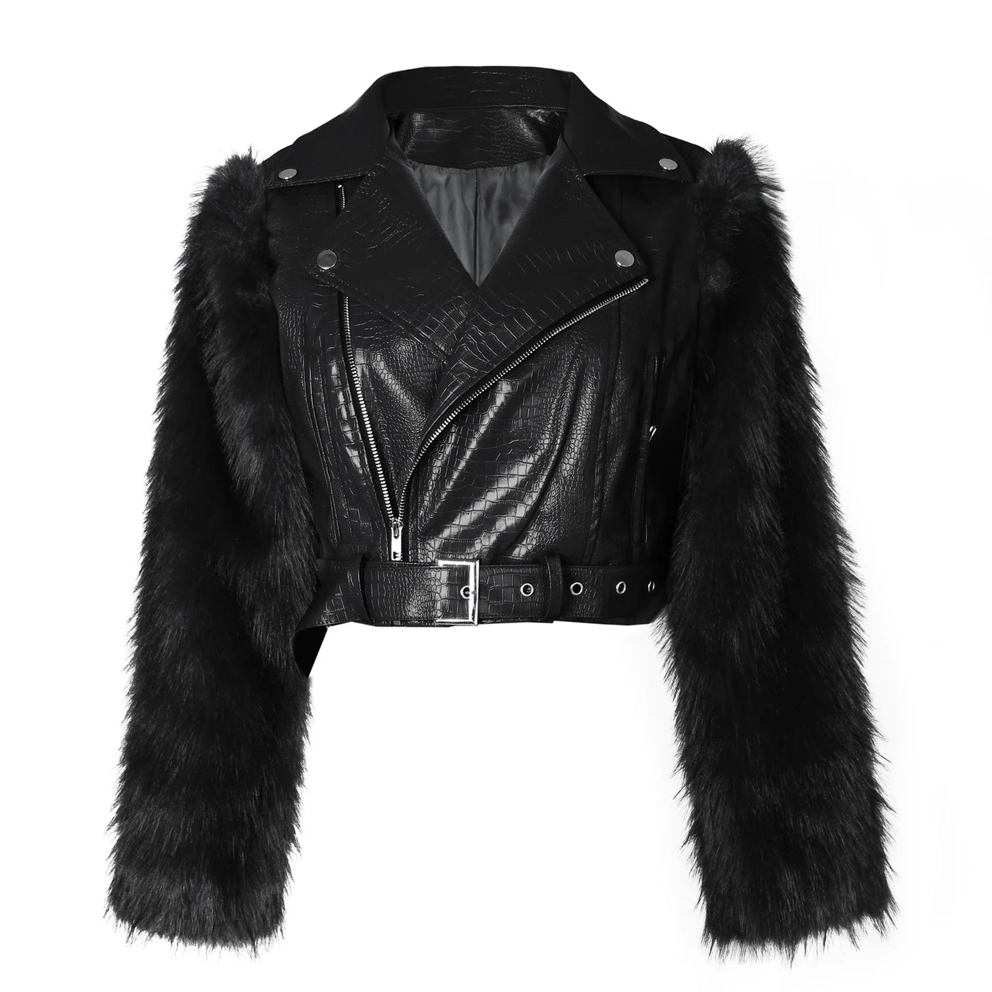 Leosoxs Winter New Sexy Fur Leather Patchwork Jacket for Woman Motorcycle Lapel Zipper Crop Coat  Female Streetwear Clothing