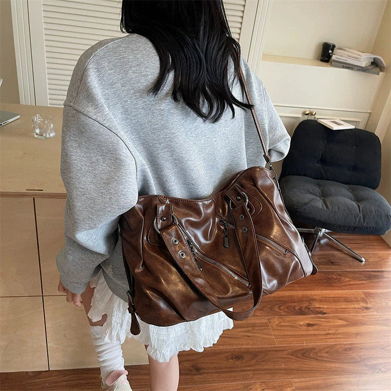Retro Brand Roomy Shoulder Bag Female Luxury Solid Color Classic Crossbody Bag Large Capacity Style Soft PU Leather Tote Bag