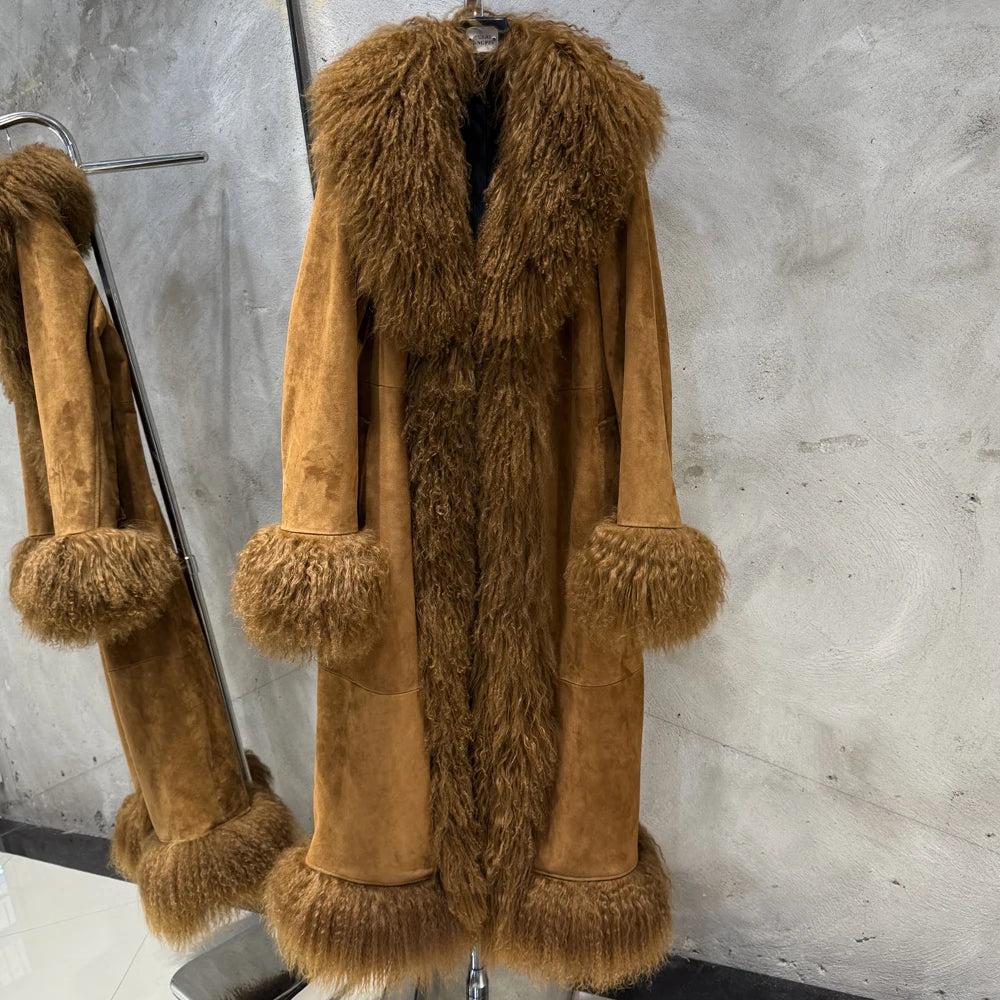 Suede Coat Fur Collar Women Autumn Genuine Sheepskin Coat Long with Mongfolian Fur Trim