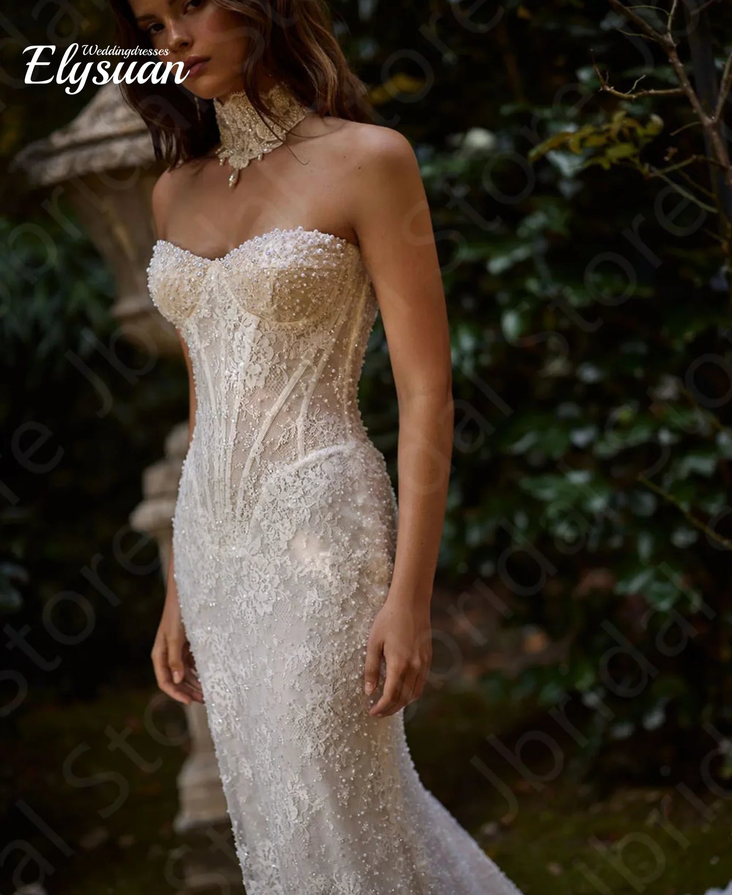 Customized Bridal Gown Shiny Mermaid Wedding Dress Lace Pearl Long Sleeve with Gorgeous Detachable Train Vestidos De Novia