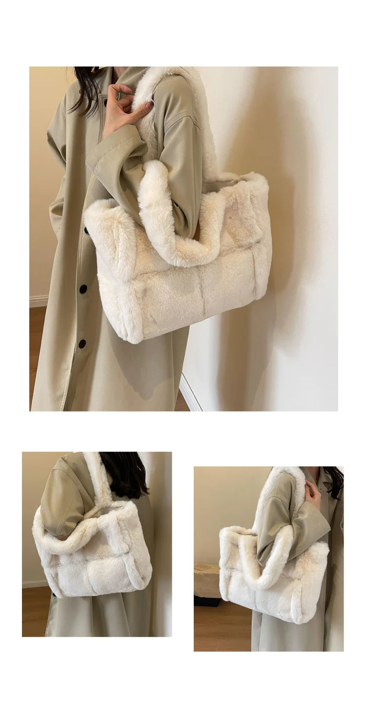 New plush women's handbag, large capacity shoulder bag, suitable for shopping and shopping, winter women's armpit bag