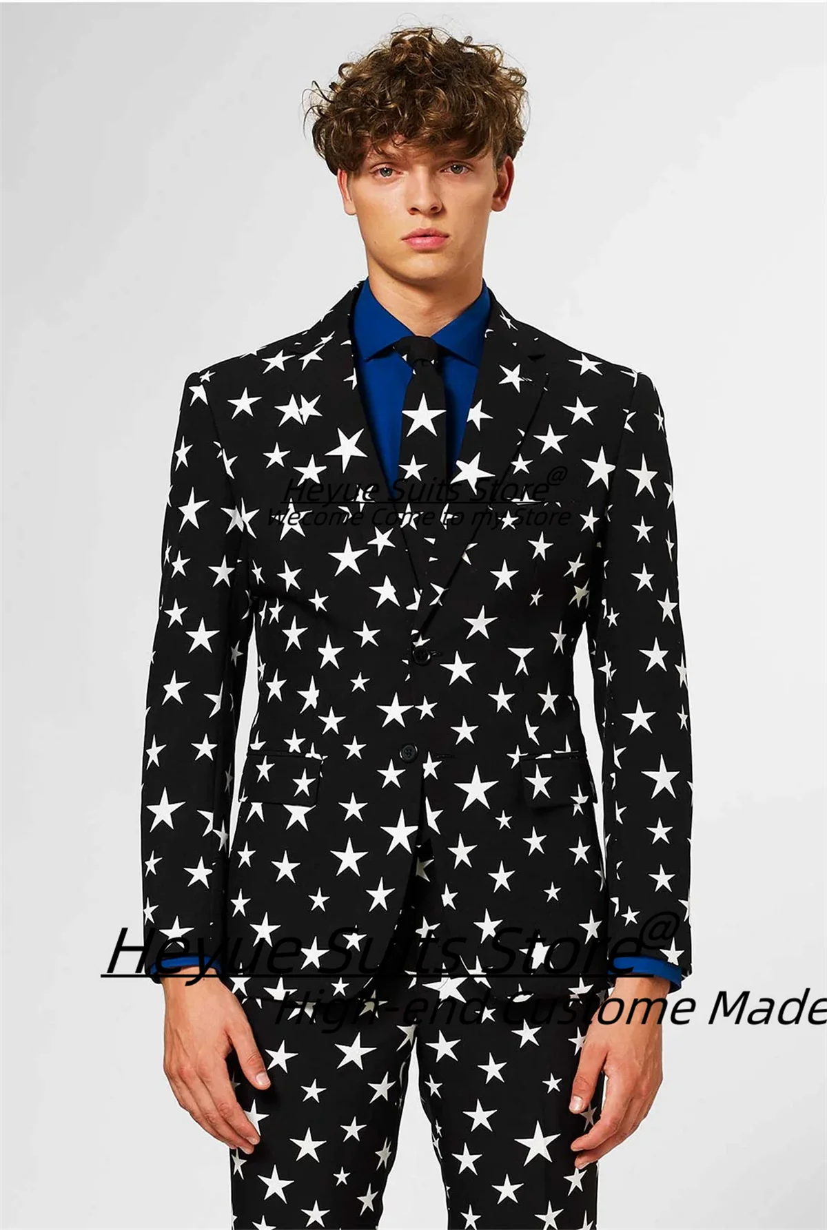 Fashion Star Print Men Suit Customized Slim Fit Notched Lapel Groom Wedding Tuxedos 2 Pieces Sets Male Party Blazers Ropa Hombre
