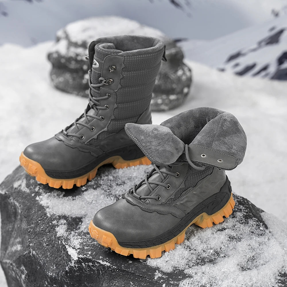 Men's Winter Snow Boots Waterproof Insulated Hiking Boots High-Top Outdoor Shoes with Warm Knit Collar, Anti-Slip Rubber Sole, C