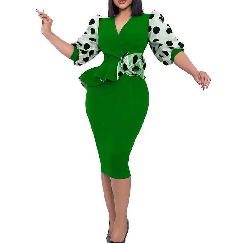 Elegant Dot Mesh Stitching V-neck Puff Sleeve Floral Appliques Bodycon Dress Women Ruffles Waist OL Even Party Dresses Vestidos