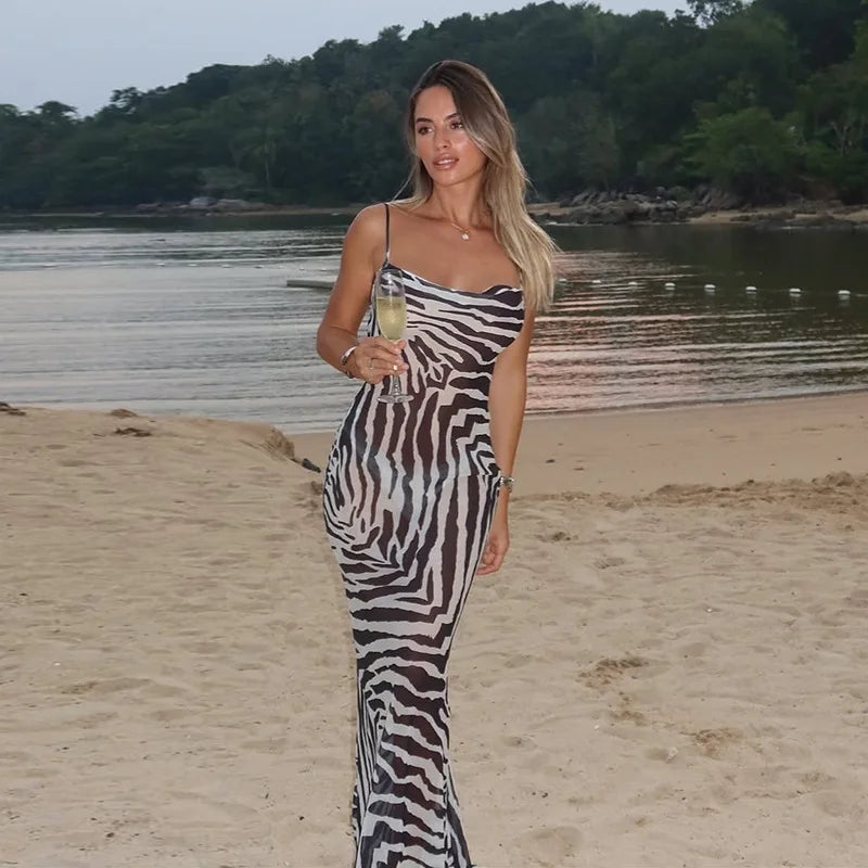 Chic Zebra Print Backless Strap Dresses Spring Women Sleeveless Lace Up Package Hip Dress Summer High Waist Ankle Length Dress