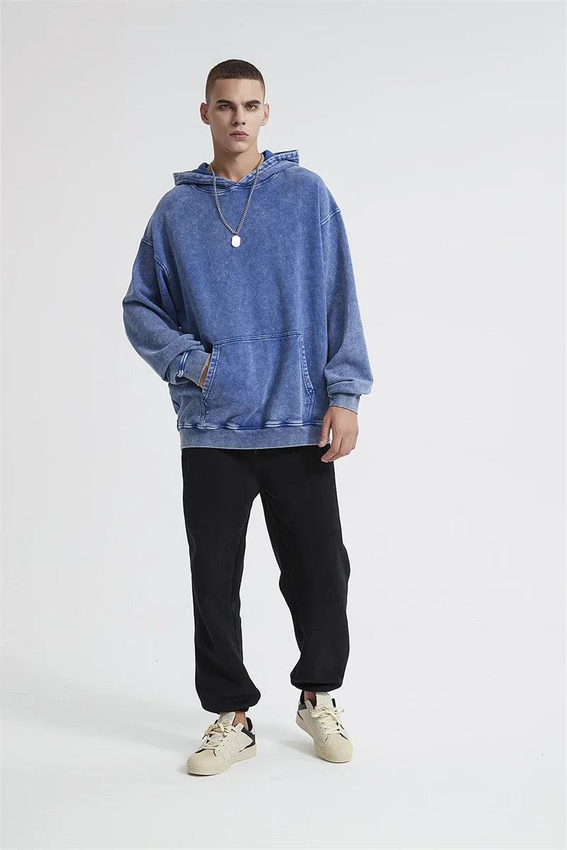 2024 Autumn Winter Men 420gsm Hoodies Streetwears High Street Heavy Weight Washed Cotton Sweatshirts Brand Tracksuit