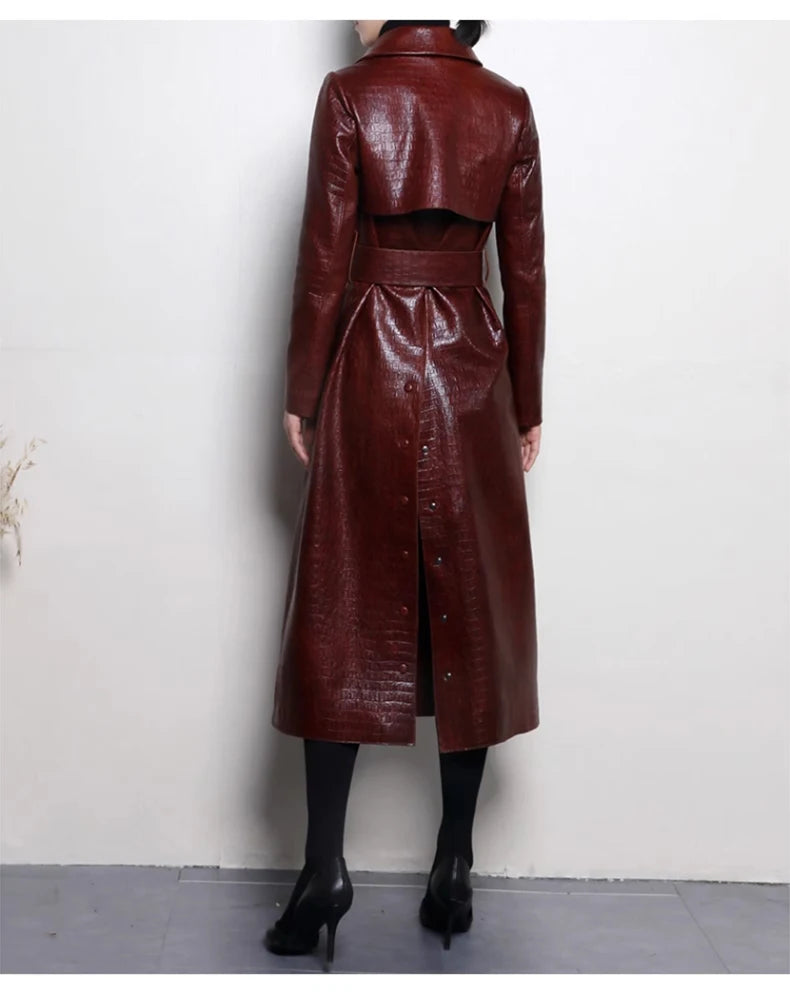 Lautaro Autumn Long Shiny Reflective Patent Faux Leather Trench Coat for Women Belt Double Breasted Luxury Designer Clothes 2023