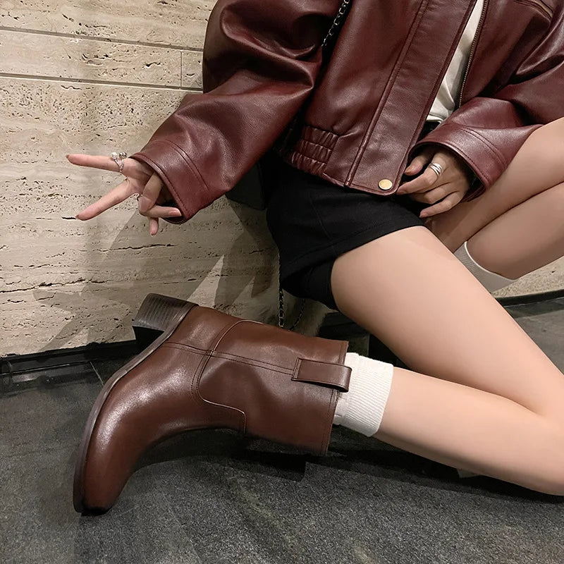 Arden Furtado Autumn Cowhide Knee High Boots Round Toe Pull-On Chunky Heels Riding Boots British Style Large Size Boots