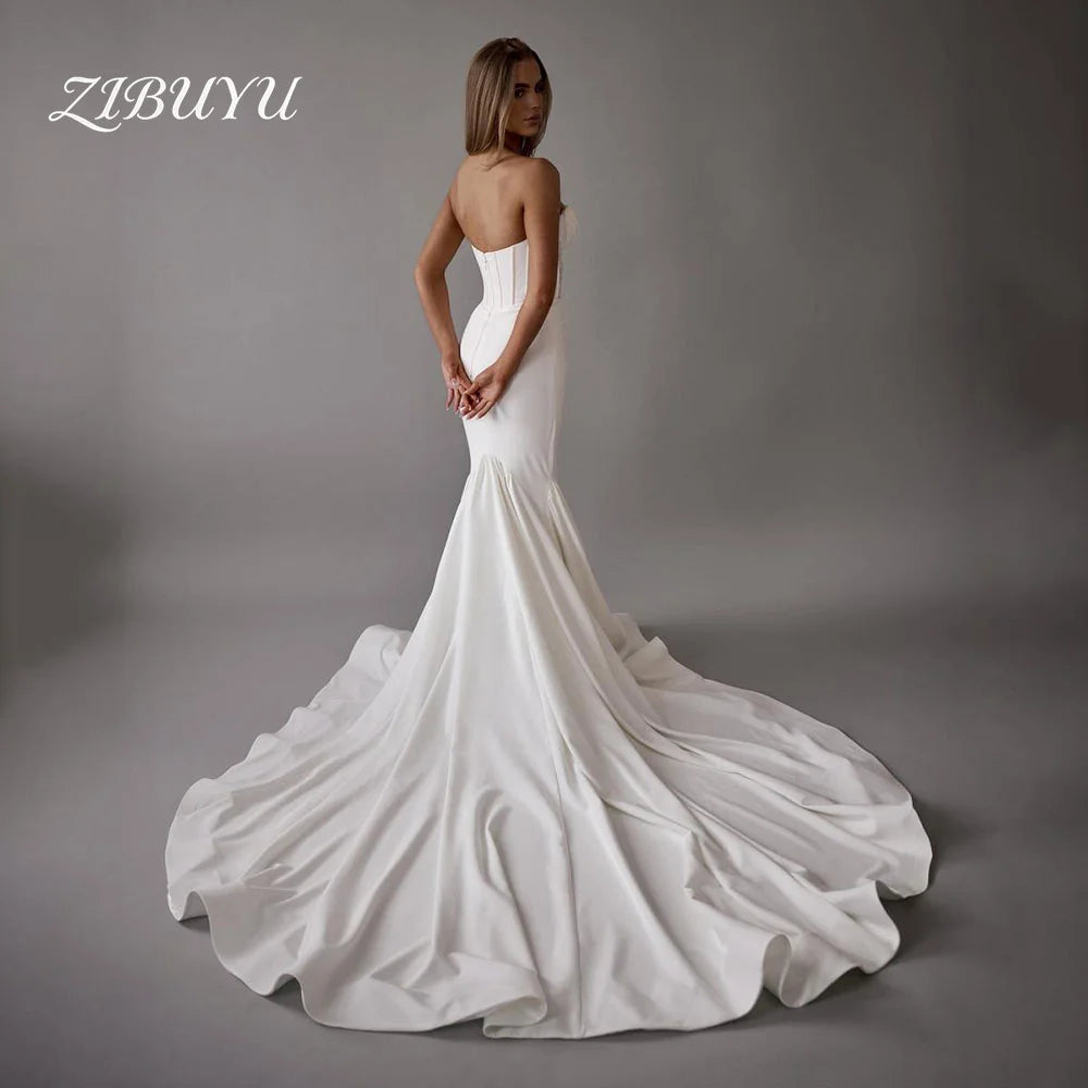 ZIBUYU Customized Luxury Wedding Dress Strapless Sleeveless Satin Sweetheart Neckline Corset Bodice Lace Mermaid Bridal Gowns