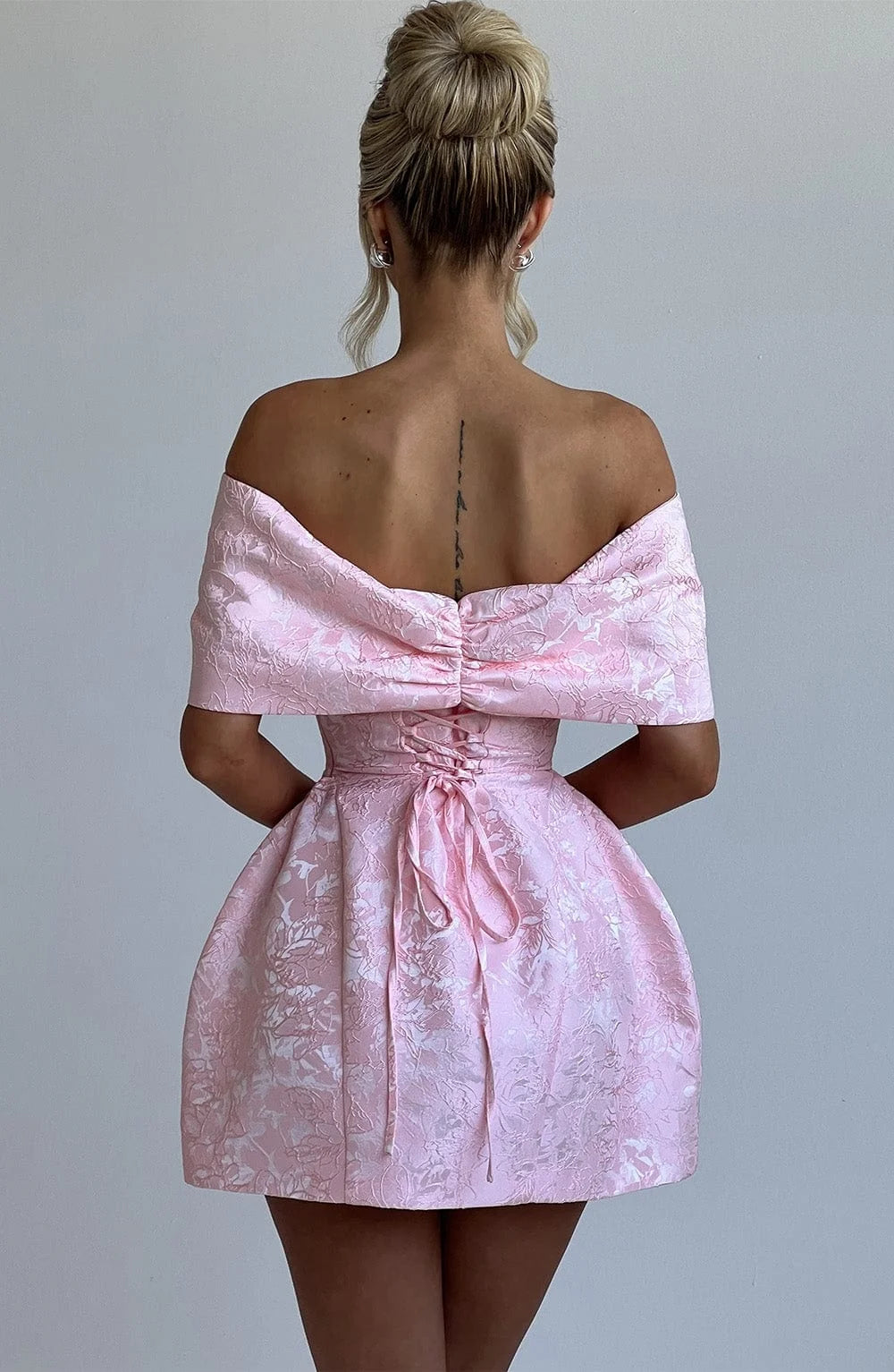 Pink Big Bow Jacquard Prom Dress Off Shoulder Women Formal Evening Gowns Fitted Mini Skirt For Wedding Cocktail Party