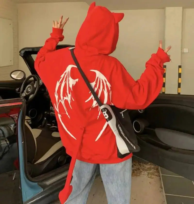 2025 Autumn Harajuku Hoodies Women Gothic Devil Horn Hooded Sweatshirt Halloween Cos Clothes Detachable Tail Zip-Up Outwear