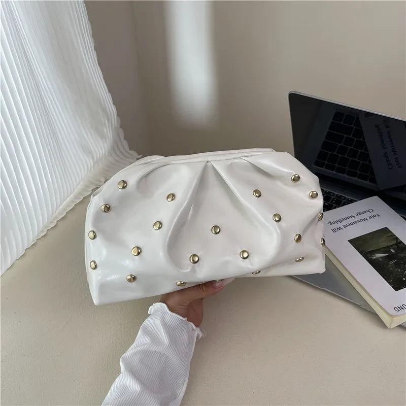 Simple Versatile Clip Evening Handbags for Women Solid Color Rivet Pleated Design Ladies Clutch Female Soft Pu Leather Purse