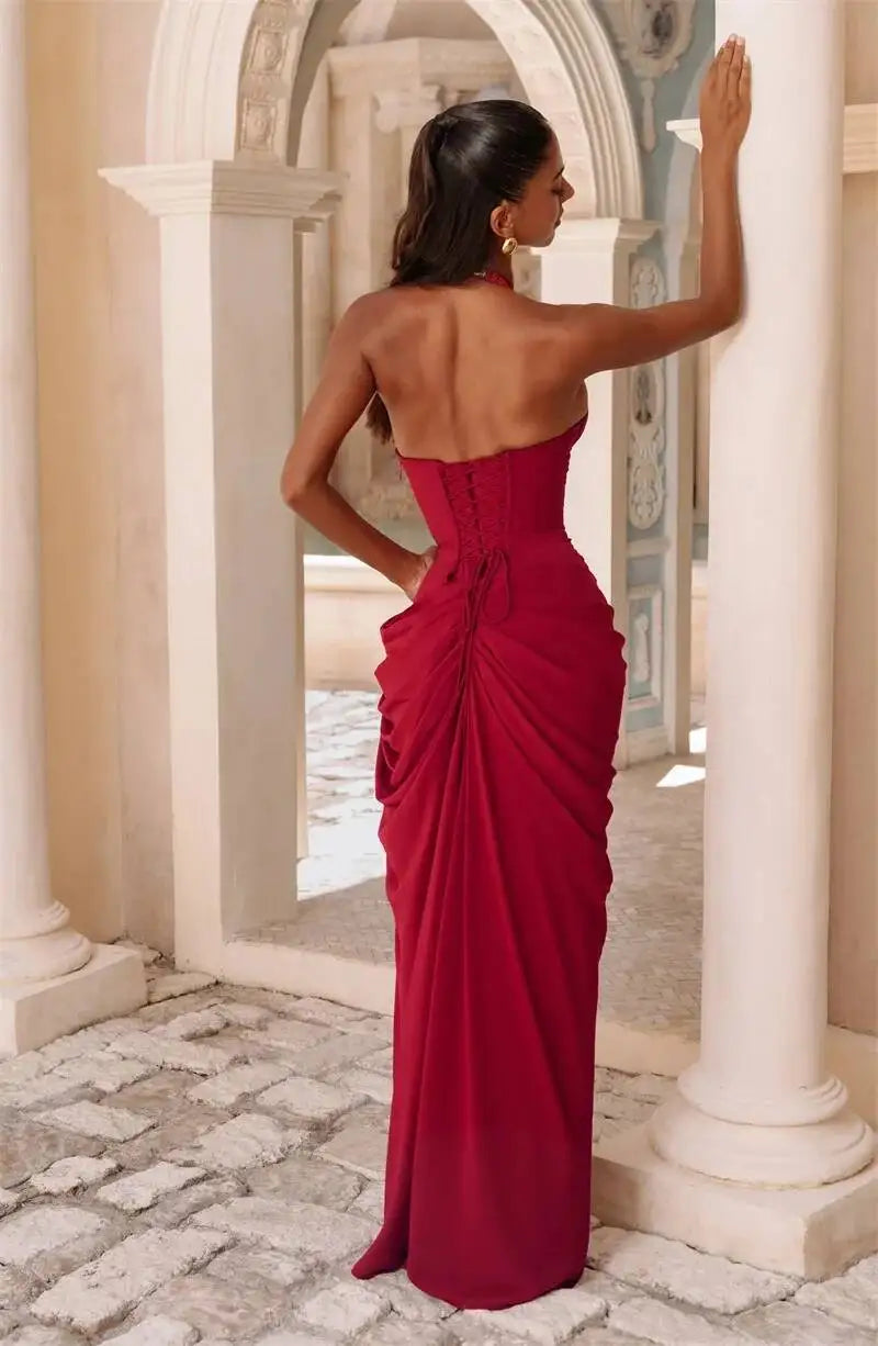 Mozision Wine Red Halter Deep V Maxi Dress Women Elegant Draped Ruched High Split Bodycon Cocktail Wedding Club Party Dresses
