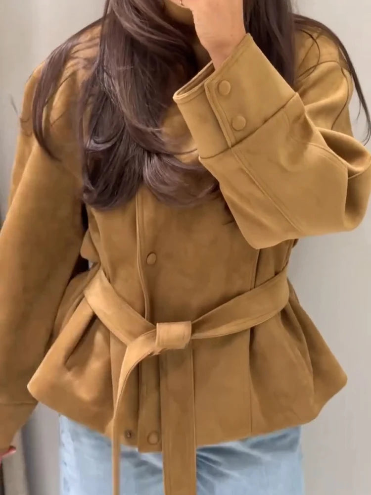Women Brown Faux Suede Short Jacket Tie‑waist Long Sleeve Vintage Streetwear 2026 Lady New Autumn Winter Casual Outerwear Coat