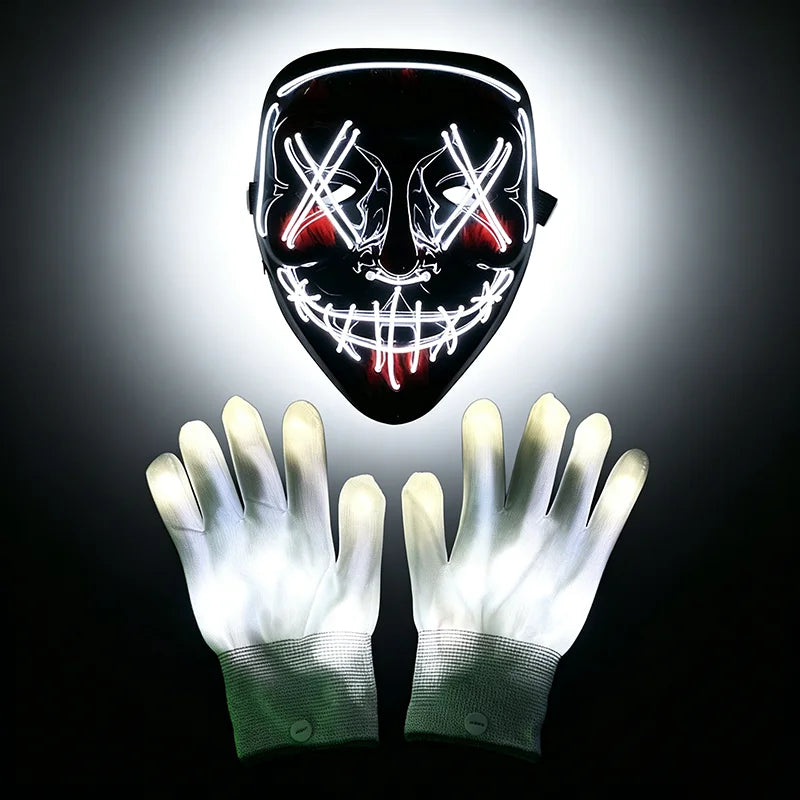 Wireless LED Neon Purge Mask & Fiber Optic Gloves, Scary Glow In Dark Mask for Halloween Carnival Cosplay Bar Birthday Party