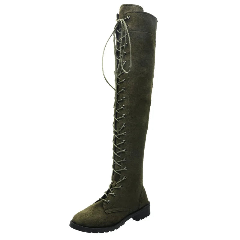 Side Zipper Lace-up Women's Long Botas Brown Black Suede Mid Heel Over-the-Knee Boots for Women Ladies Thigh High Boots Size 43