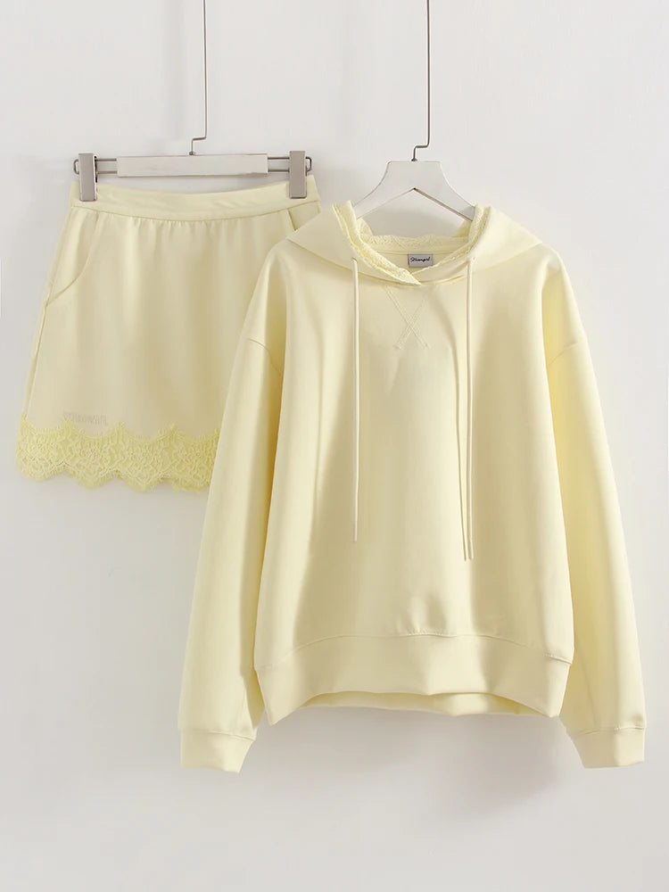 Streamgirl Brown Hoodies With Lace Women Oversize Plain Spring Elegant Butter Yellow Hooded Sweatshirts For Women Oversized