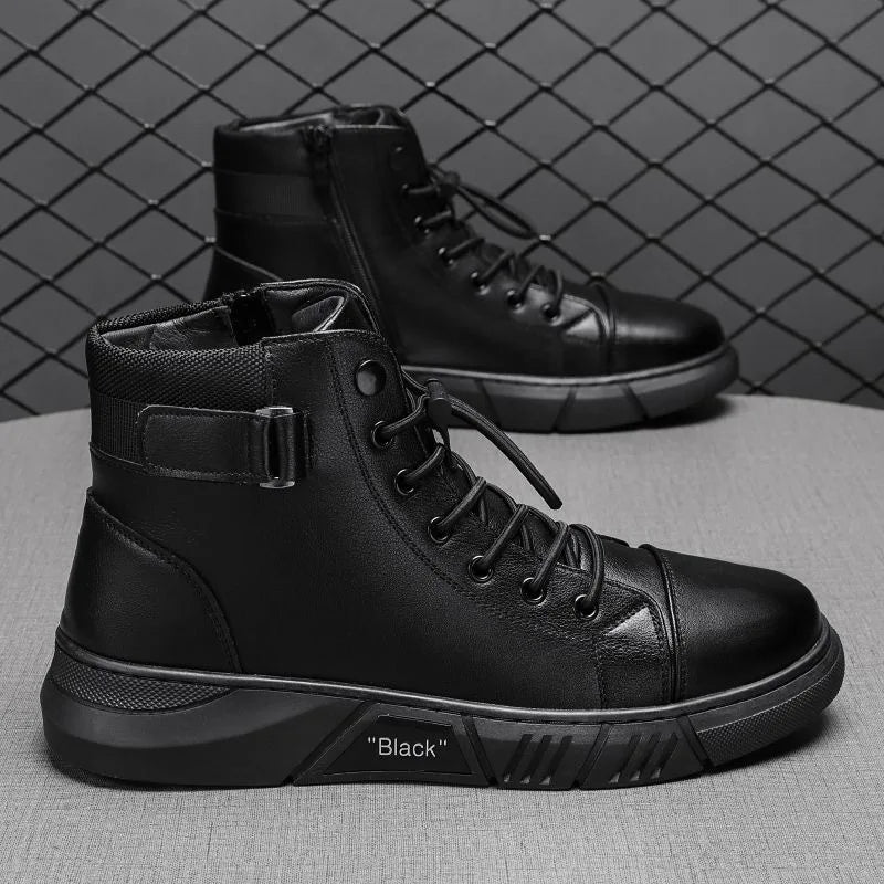 Vintage Men's Short Boots Autumn New Trendy Comfortable Height Increase Cotton Shoes Non Slip Lace Up Side Zipper Leather Boots