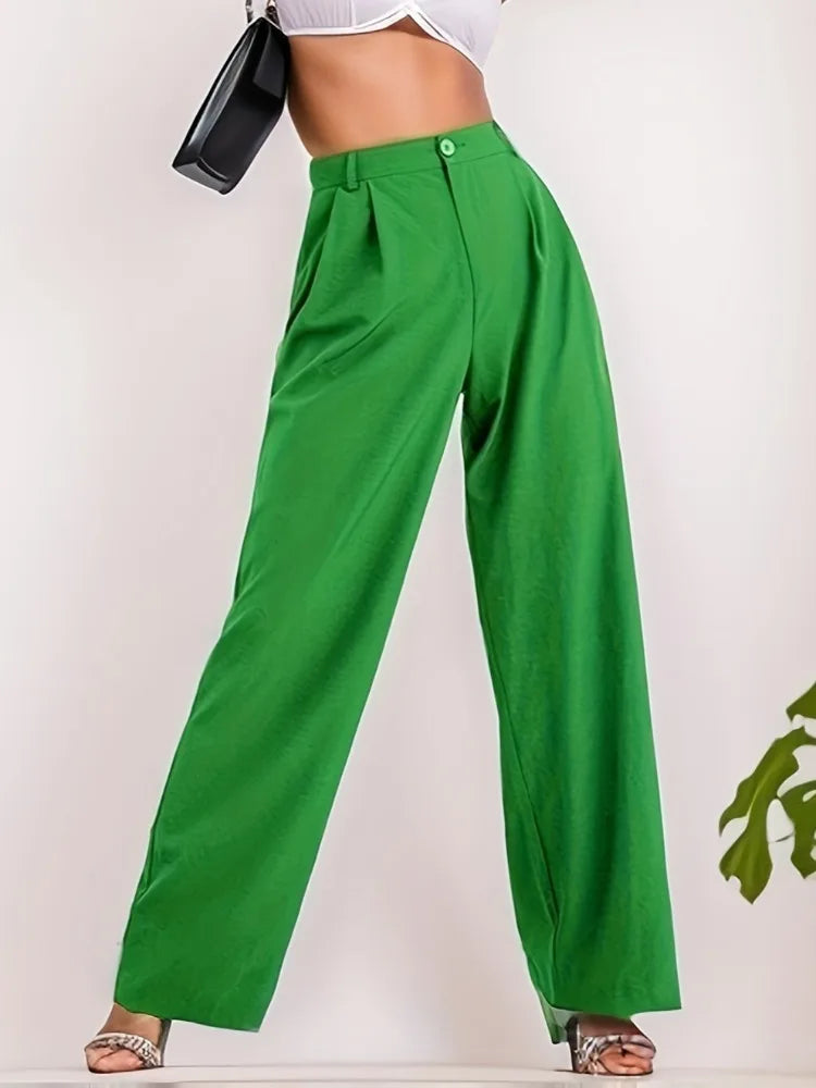 Beautyblue Trend Suit Pants for Women Green Wide Leg Pants Casual Loose Pleated Pocket Fashion Urban High Street Trousers Female