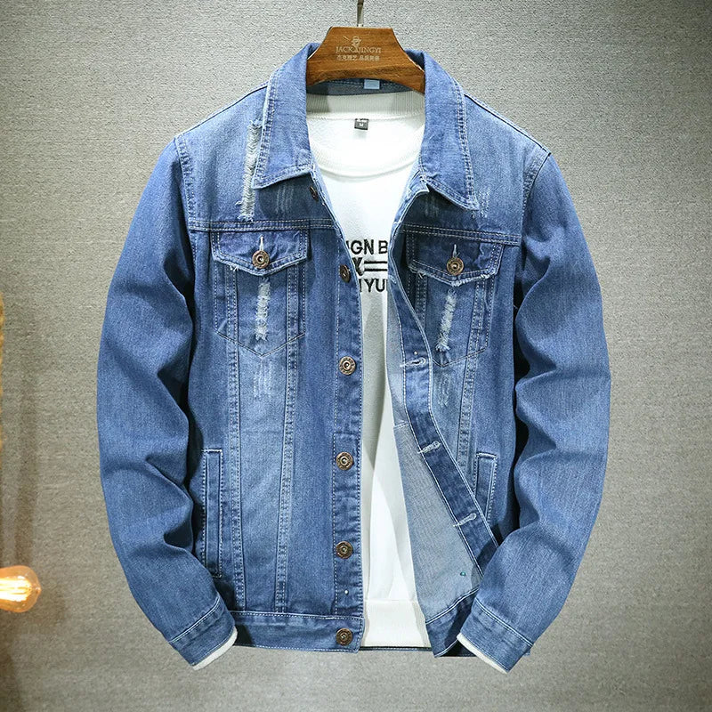 QICHE New Spring Autumn Men Light Blue Slim Denim Jacket Distressed Ripped Casual Outerwear