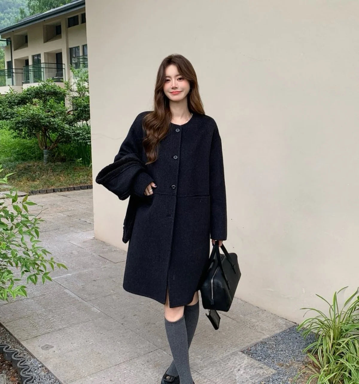 Autumn and winter hot fashion round neck scarves, medium to long styles, small women's double-sided wool coats with temperament,
