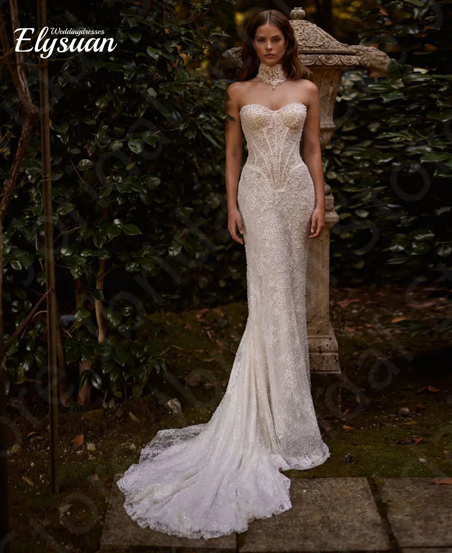 Customized Bridal Gown Shiny Mermaid Wedding Dress Lace Pearl Long Sleeve with Gorgeous Detachable Train Vestidos De Novia