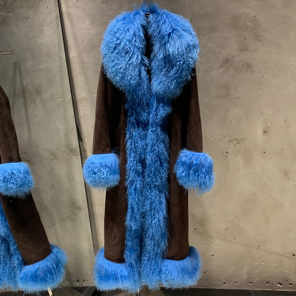 Suede Coat Fur Collar Women Autumn Genuine Sheepskin Coat Long with Mongfolian Fur Trim