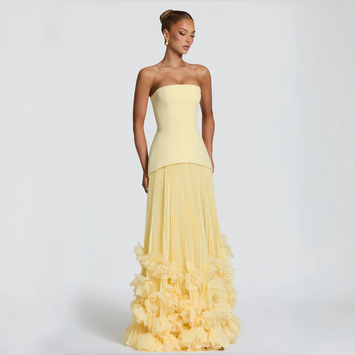 Sexy Lemon Strapless Corset Maxi Gown Sleeveless Corset Pleated Chiffon 3d Floral Hem Flowy Skirt Formal Evening Party Wear