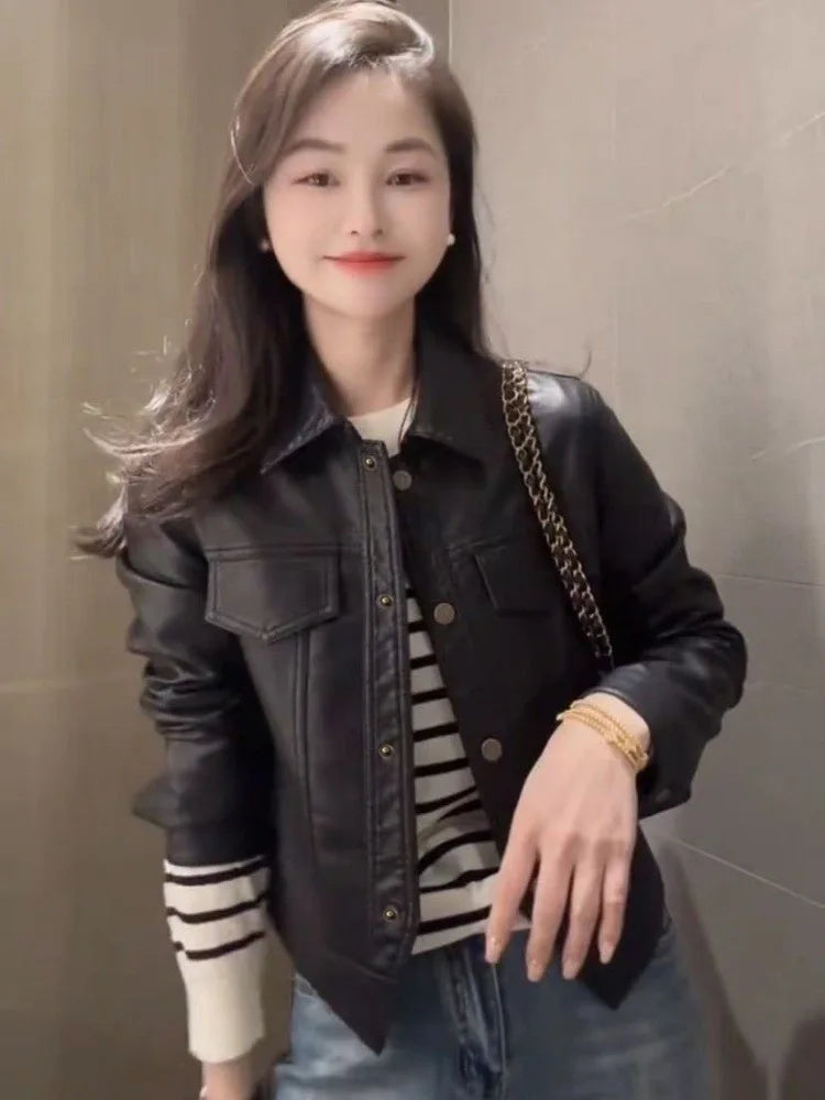 Women Autumn Winter Casual Faux Leather Biker Jacket Lapel Collar Loose Short Pu Coat Versatile Outerwear